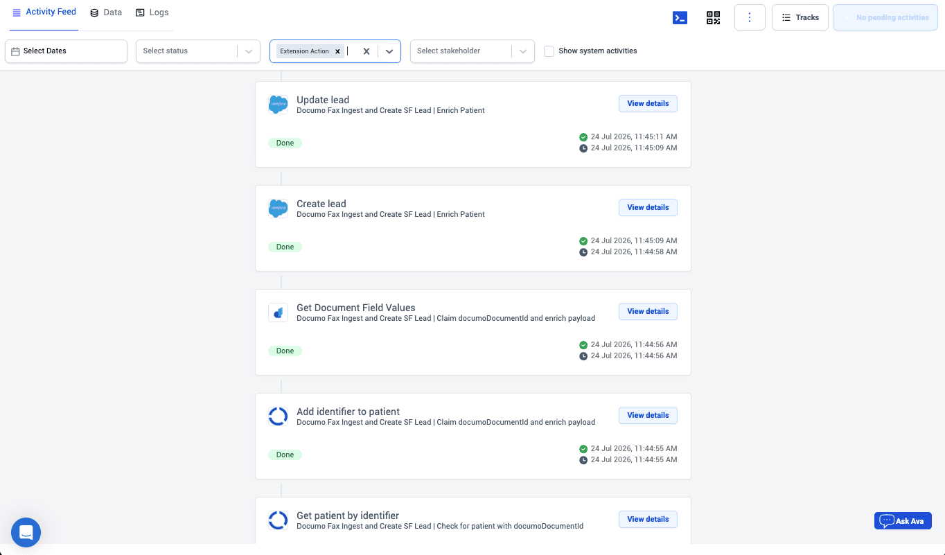 A care flow's activity feed, listing each activity with its status and the times it started and completed