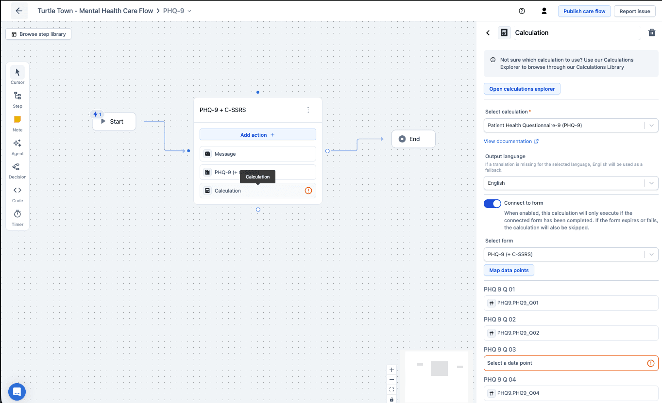 A calculation action, with the instrument selected and each of its inputs mapped to a data point