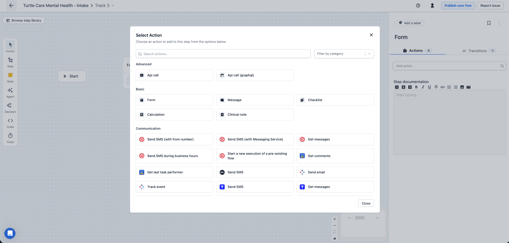 The Select Action dialog, with Form, Message, Checklist, Calculation and Clinical note grouped under Basic