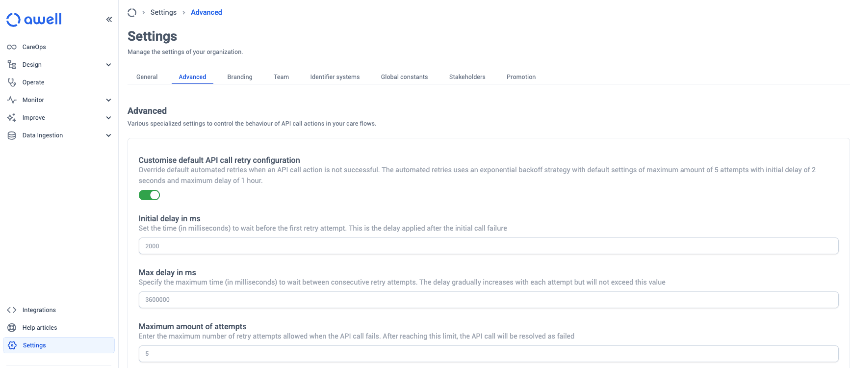 The Advanced tab of organization settings, with the API call retry configuration switched on and the delay and attempt limits shown