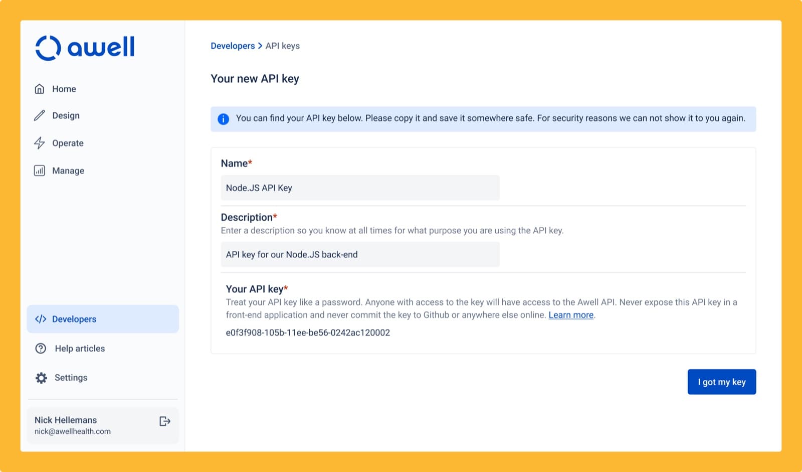 Managing API keys in the Awell platform