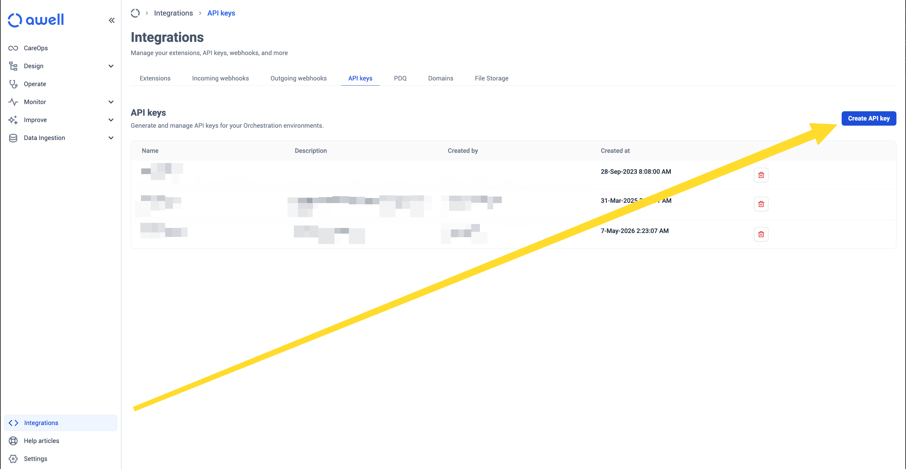 The API keys tab of Integrations in the CareOps portal, listing existing keys by Name, Description, Created by and Created at, each with a delete button, and a Create API key button at the top right