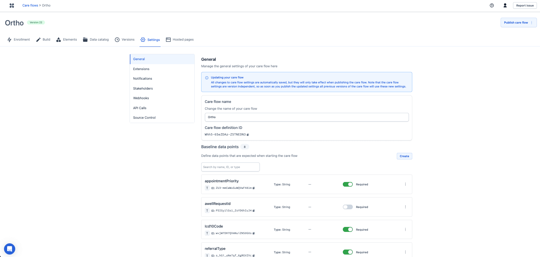 A care flow's general settings, with the baseline data points it expects when a patient is enrolled