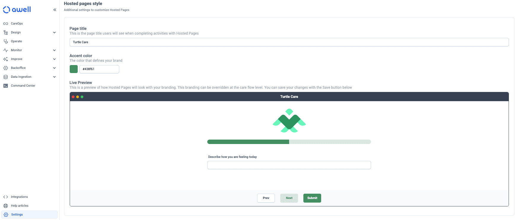 Hosted pages branding, with the page title and accent colour, and a live preview of the result