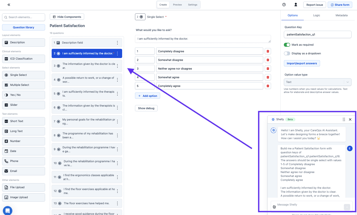 Shelly open beside the form builder, with a prompt describing the questions and answer options to create