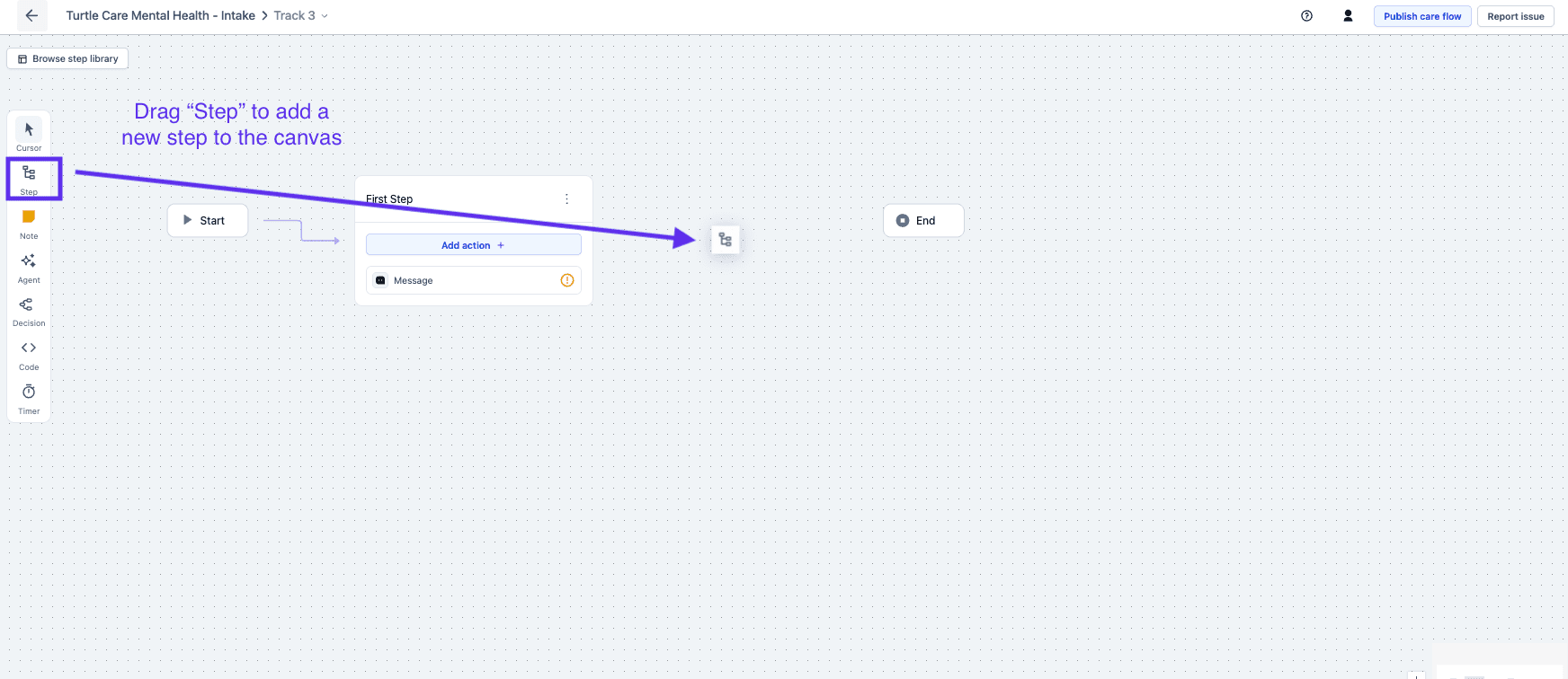 The care flow canvas, with the component palette on the left and a step holding a Message action