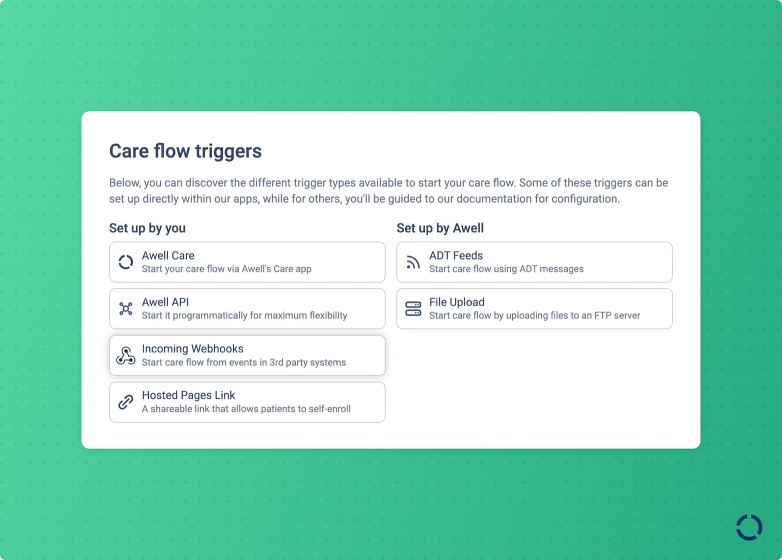The trigger types available for a care flow in Awell Studio