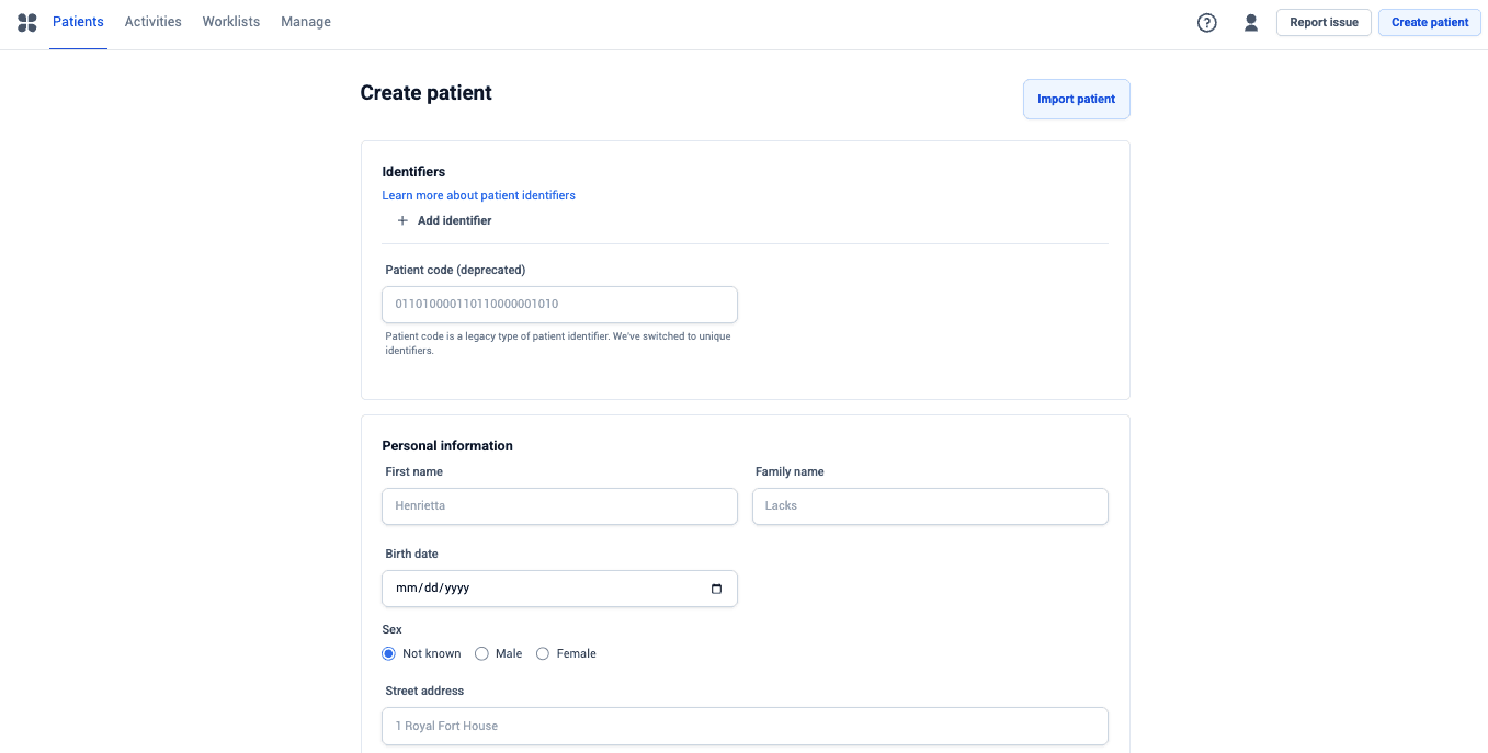 The Create patient form, with sections for identifiers and personal information