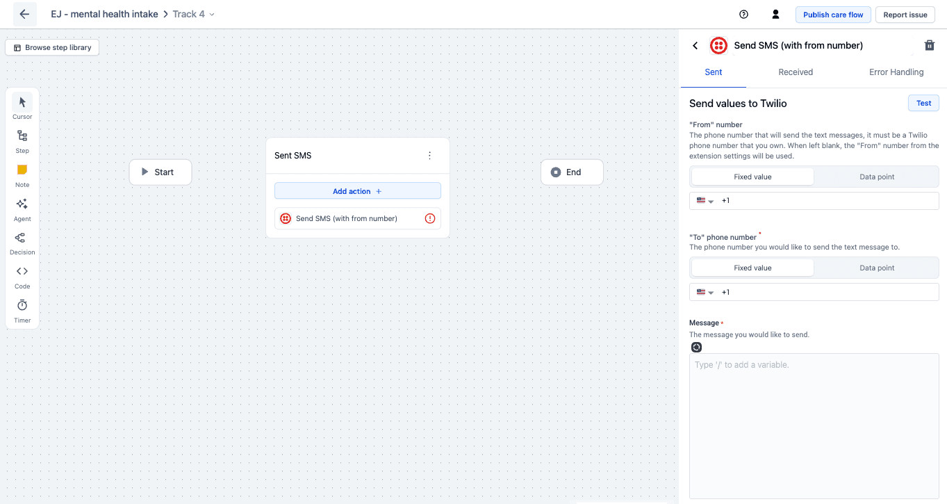 A custom action on a step, with the extension's own fields and tabs for what it sends, what it receives, and how errors are handled