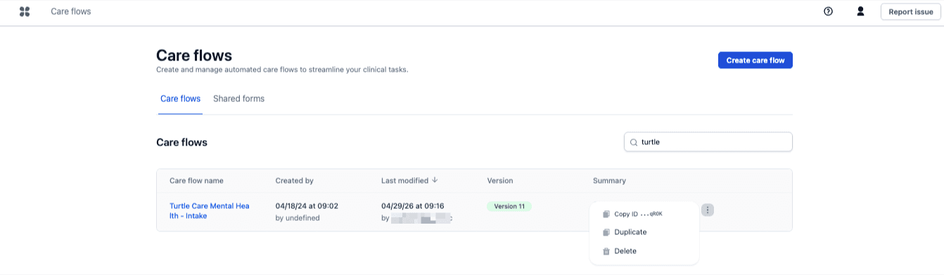 The care flow list with a row's menu open, offering Copy ID, Duplicate and Delete