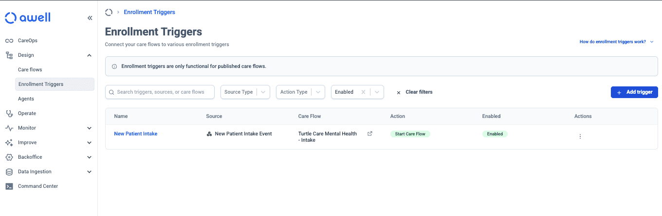 The Enrollment Triggers list, showing each trigger with its source, the care flow it starts, and whether it is enabled