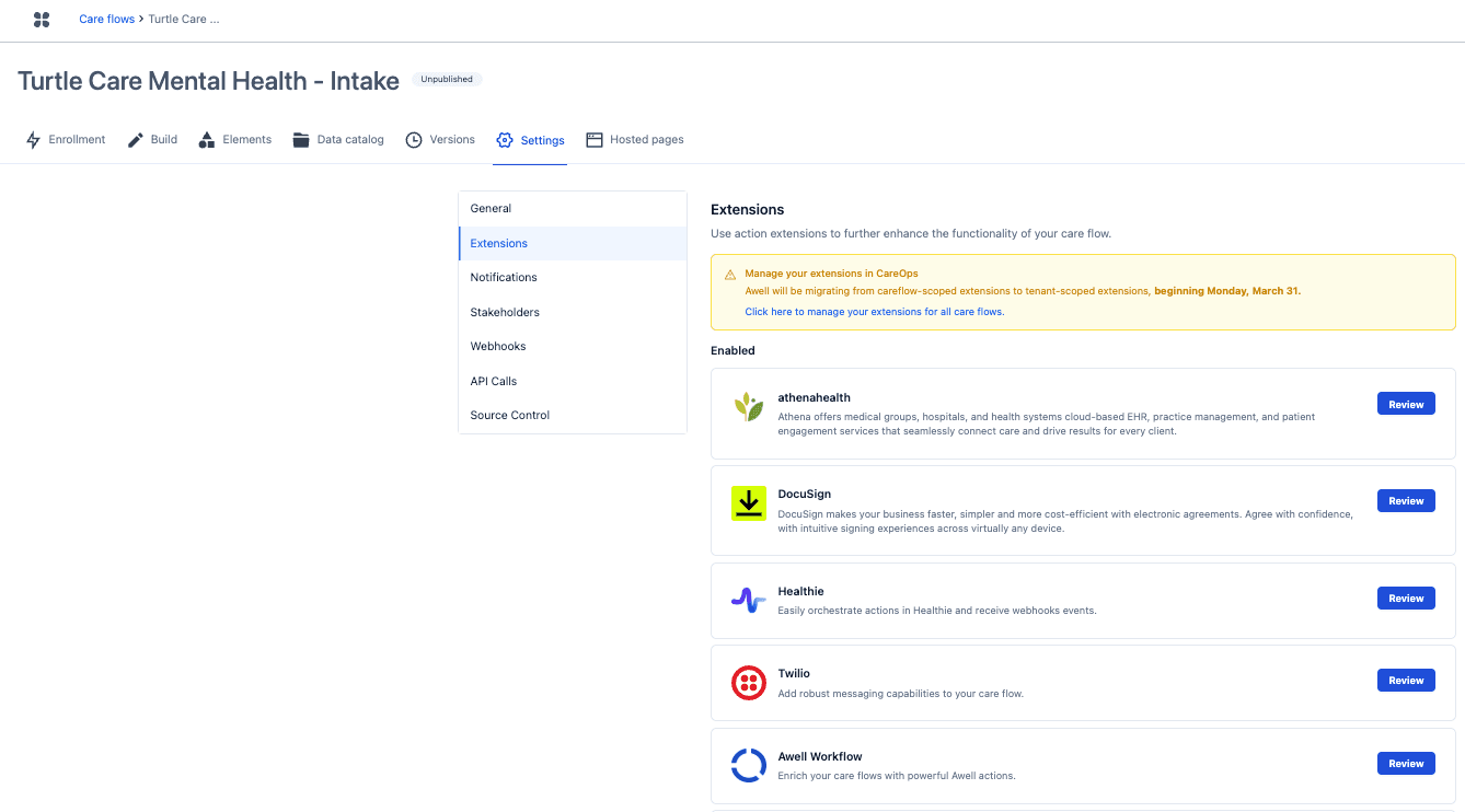 The Extensions tab in a care flow's settings, listing the extensions enabled for it