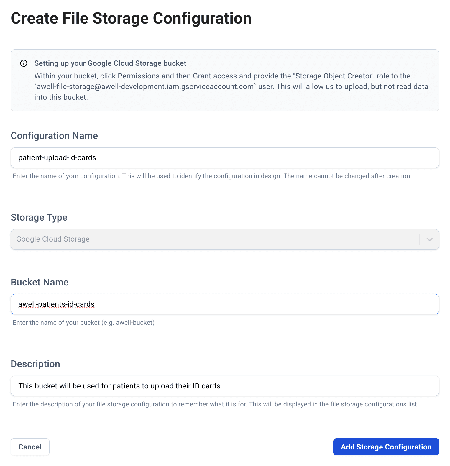 The Create File Storage Configuration form in Awell, with a configuration name, Google Cloud Storage as the storage type, a bucket name, and a description