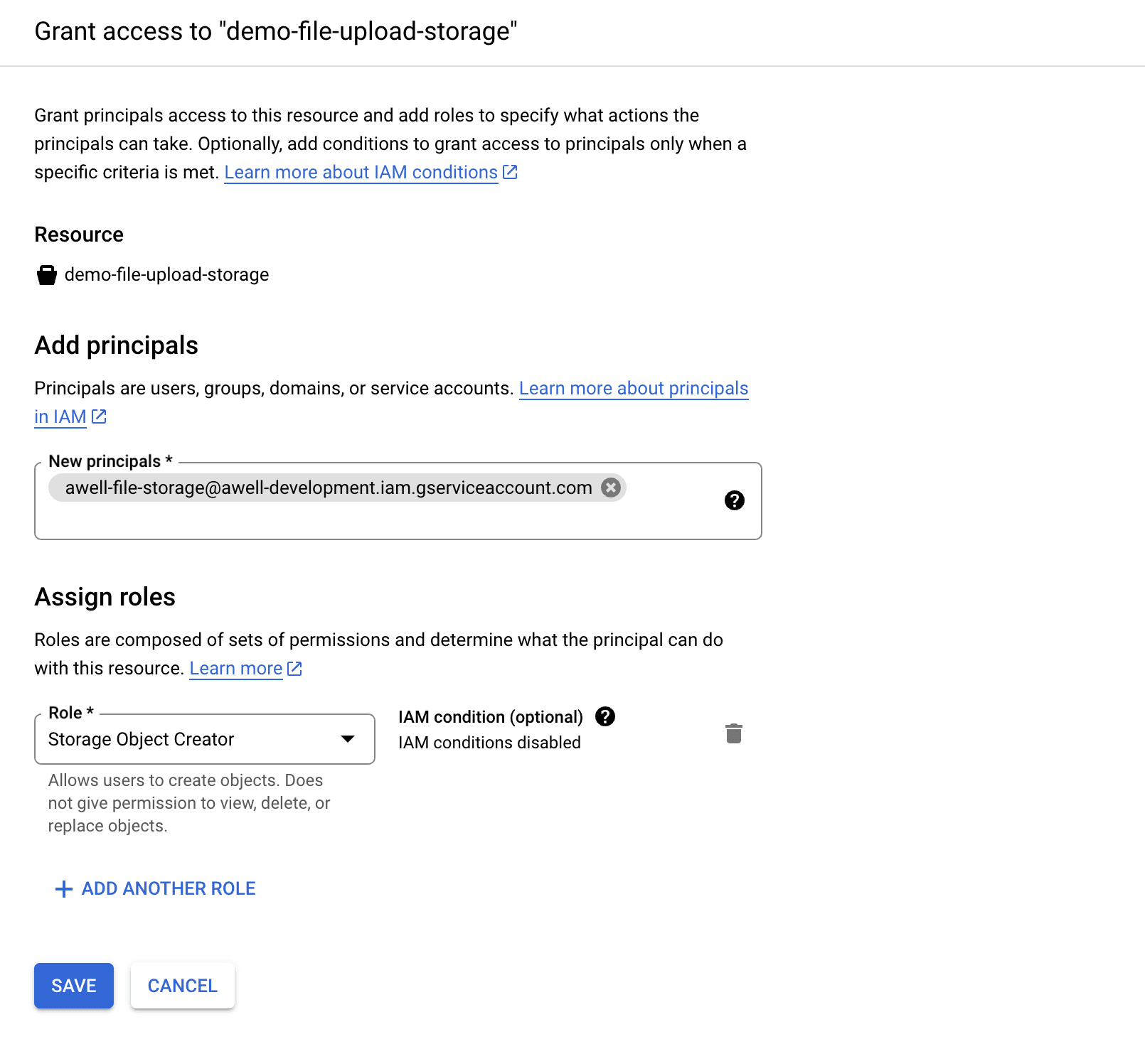 The Google Cloud Grant access dialog, with an Awell file storage service account under New principals and the Storage Object Creator role assigned