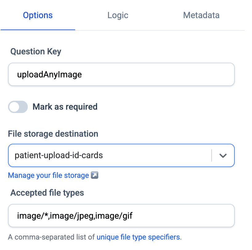 The Options tab of an upload question, with a question key, a file storage destination dropdown, and a comma-separated list of accepted file types