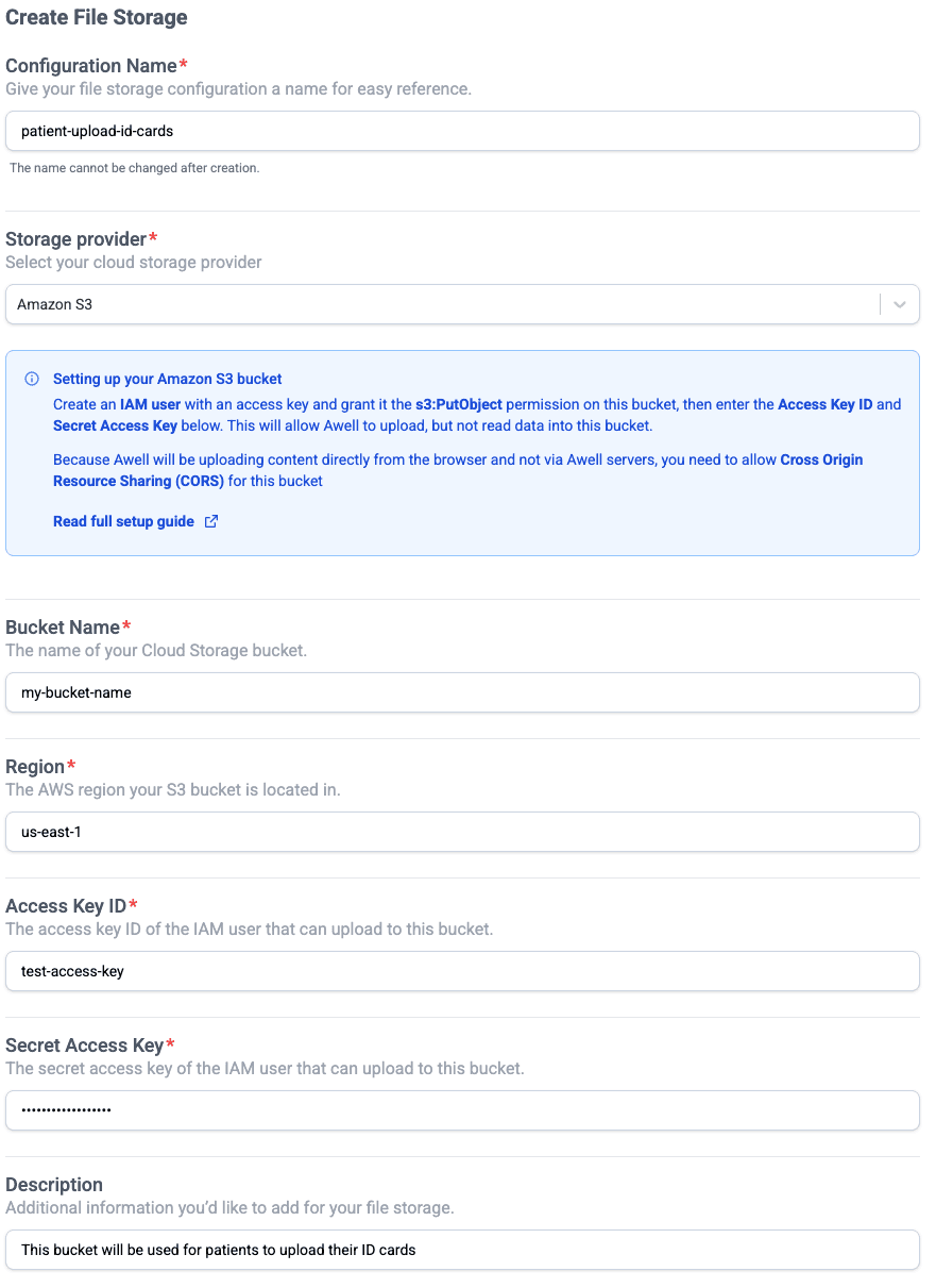 The Create File Storage form in Awell with Amazon S3 selected, showing fields for bucket name, region, access key ID, secret access key, and description
