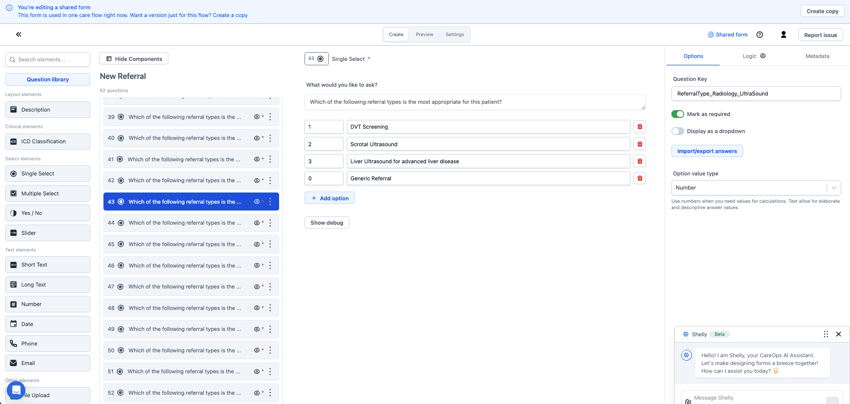 A form question with its question key, coded answer options, and the option value type set to Number
