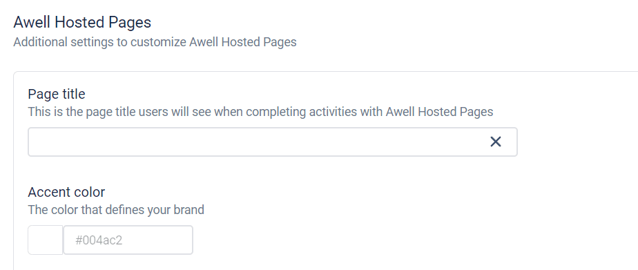 Hosted Pages branding settings, with fields for the page title and the accent color