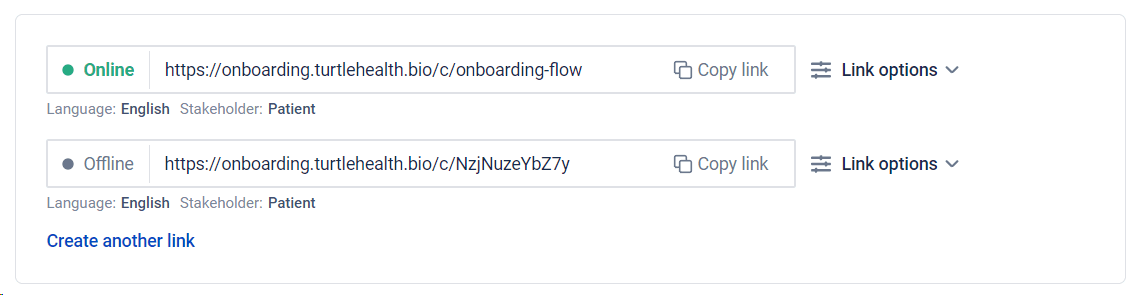 Two Hosted Pages links on a custom domain, one online and one offline, each showing its language and stakeholder