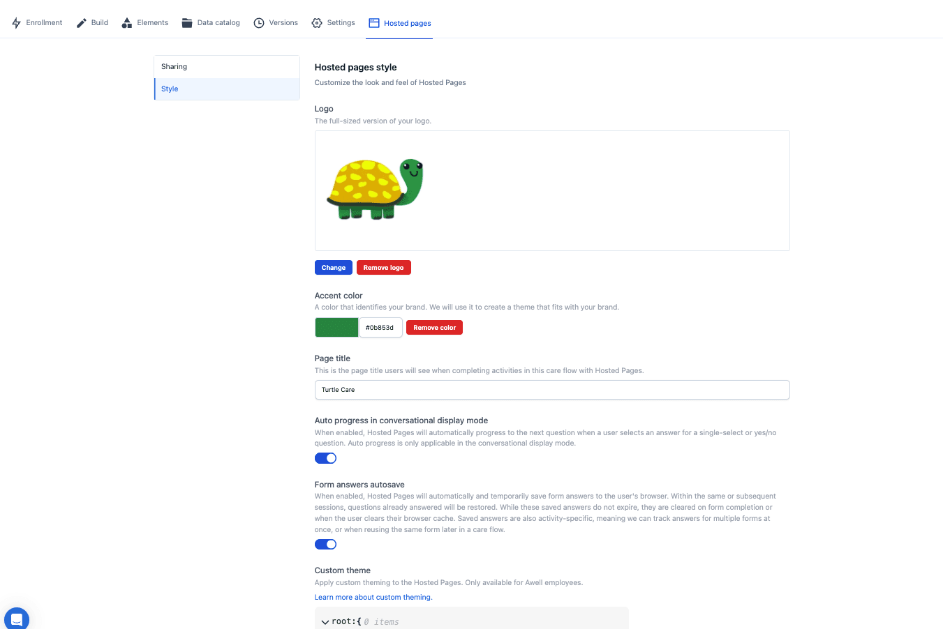 The Hosted pages style settings on a care flow, with logo, accent colour, page title, auto progress and answer autosave