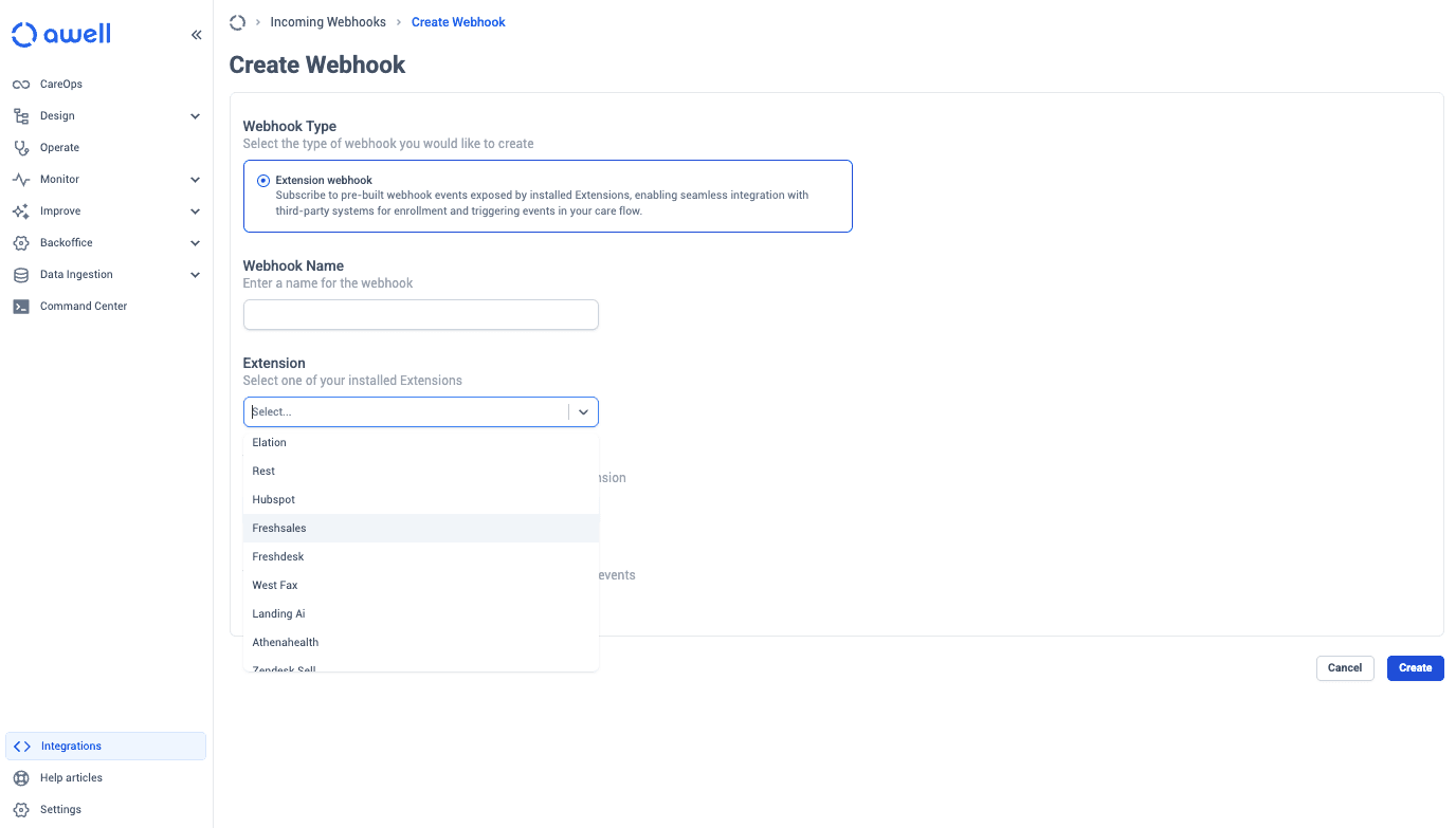 The Create Webhook screen for incoming webhooks, with Webhook Type set to Extension webhook, a Webhook Name field, and an open Extension dropdown listing installed extensions including Elation, Rest, Hubspot, Freshsales, Freshdesk, West Fax, Landing Ai and Athenahealth