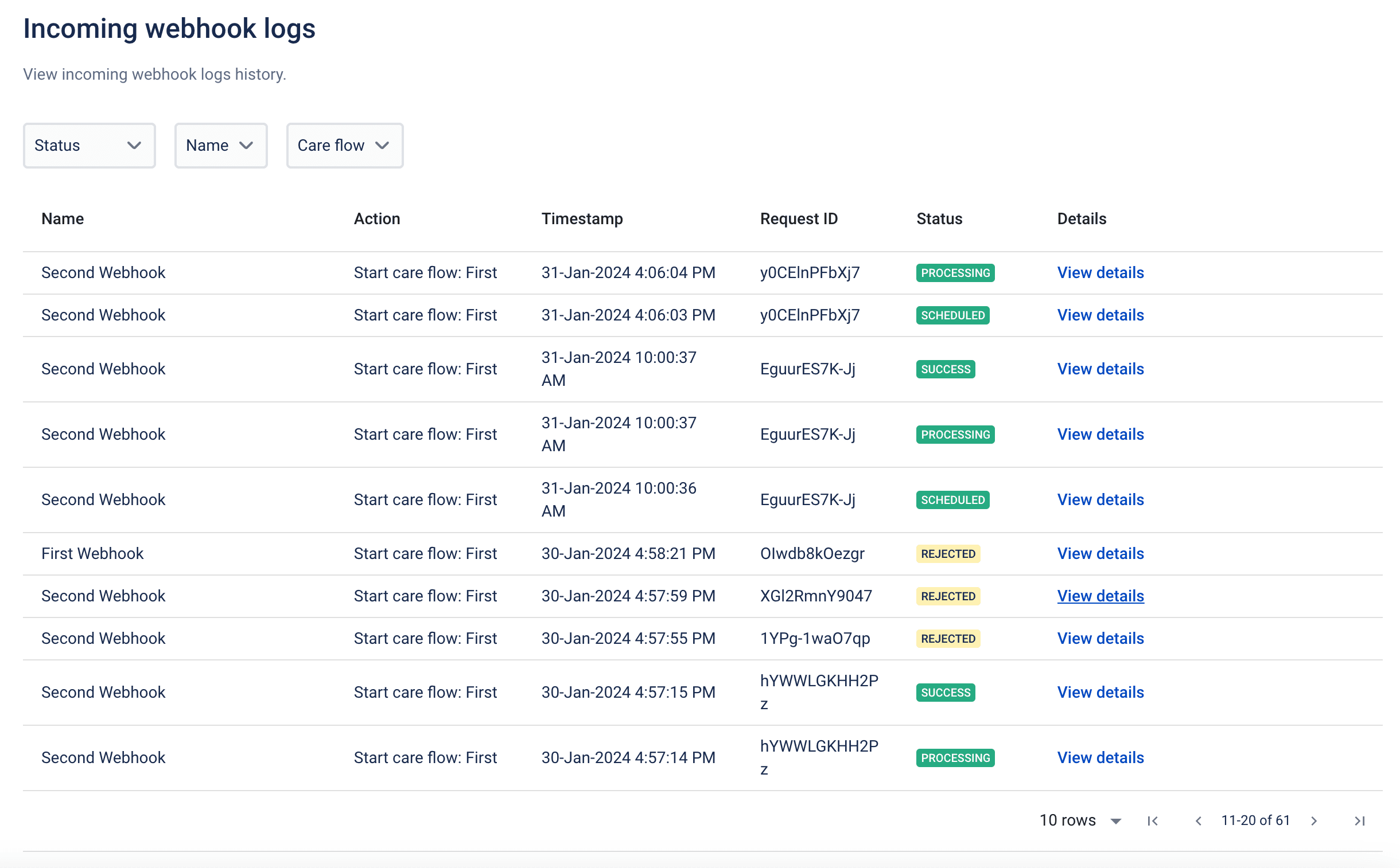 The incoming webhook logs page
