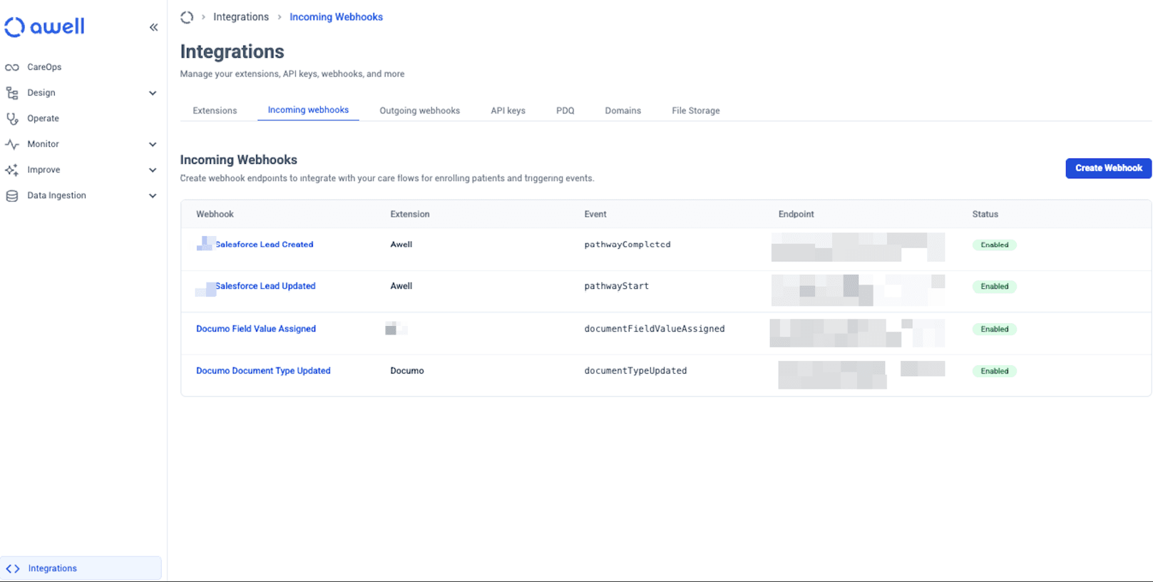 The Incoming webhooks tab under Integrations, listing each webhook with the extension and event that drives it