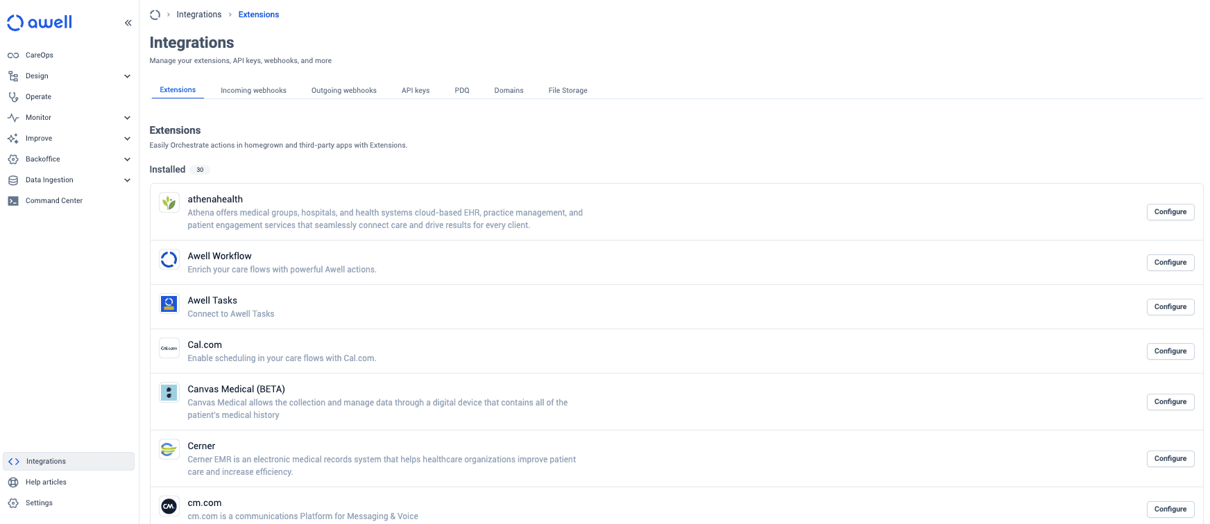 The Extensions tab under Integrations, listing the extensions installed for the organization