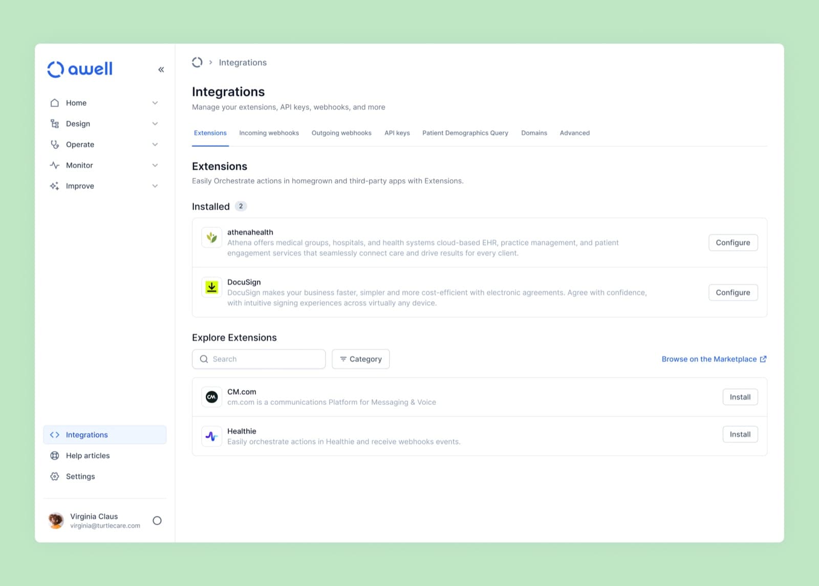 The Integrations tab, listing the extensions configured for an organization