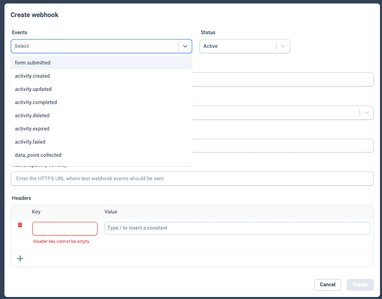 The Create webhook dialog, with an open Events dropdown listing form.submitted, activity.created, activity.updated, activity.completed, activity.deleted, activity.expired, activity.failed and data_point.collected, a Status set to Active, a field for a test endpoint, and a Headers table of key and value pairs