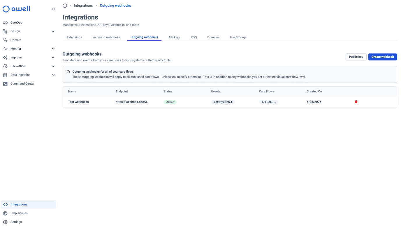 The Outgoing webhooks tab in CareOps, listing one webhook by Name, Endpoint, Status, Events, Care Flows and Created On, with Public key and Create webhook buttons above it