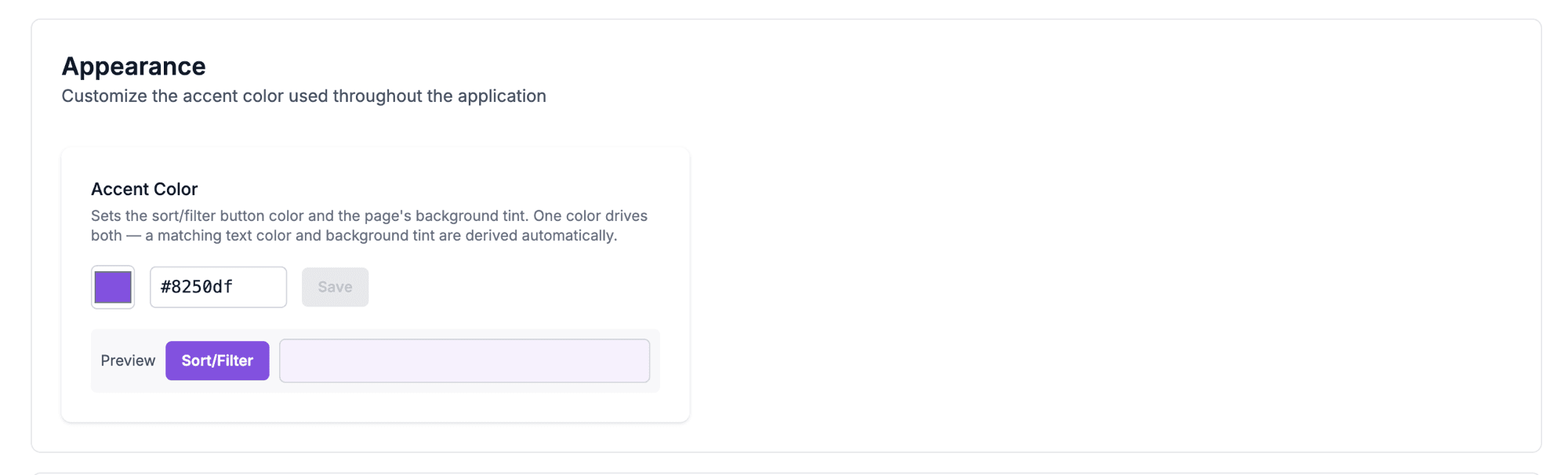 The Appearance section of Panels settings, with the Accent Color card: a color swatch, a hex field holding #8250df, a Save button that is grayed out, and a preview showing the Sort/Filter button and a strip of the background tint