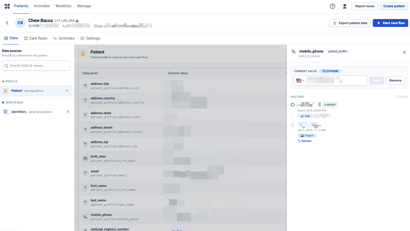 A patient's data view, listing every data point collected for them alongside its current value and history