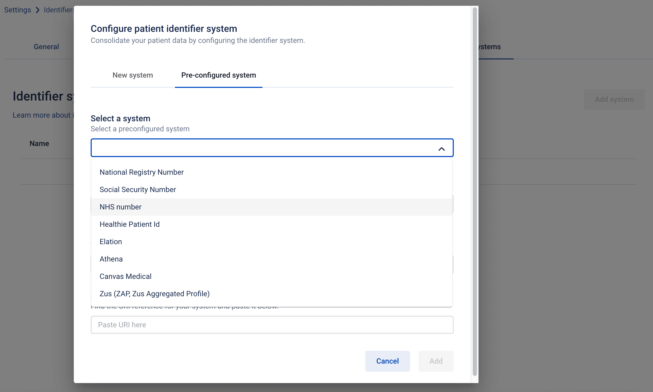 Configuring a patient identifier system, with the list of preconfigured systems open