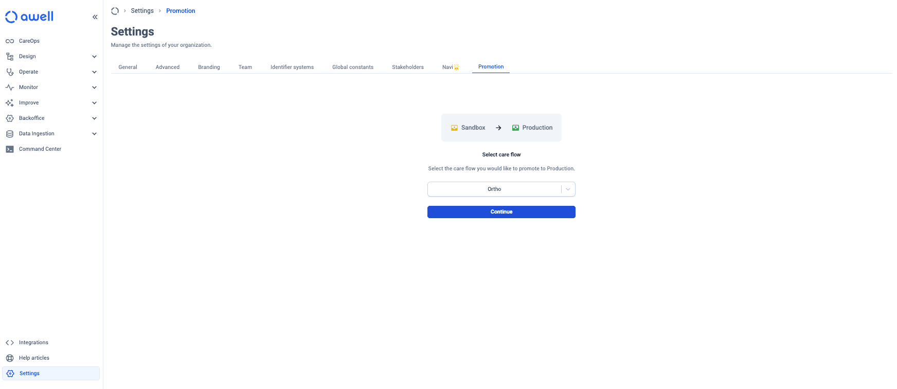 The Promotion tab, showing the Sandbox to Production direction and a care flow selected to promote