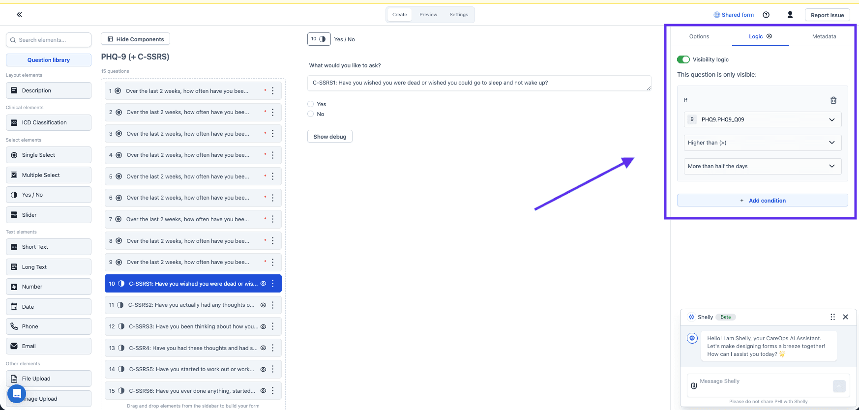 The Logic tab on a question, with visibility logic switched on and a condition comparing an earlier answer