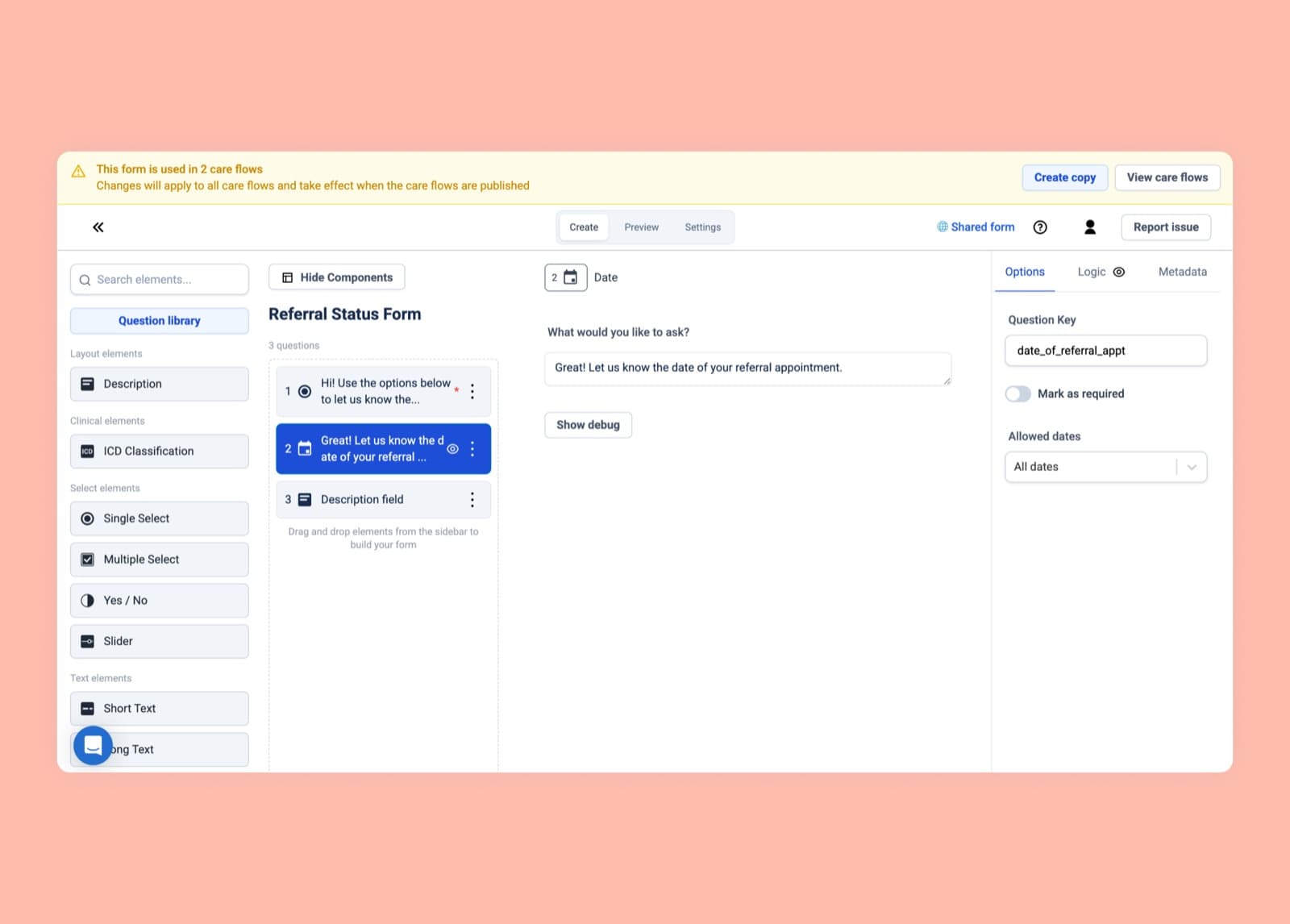 The shared forms view, showing which care flows use a form