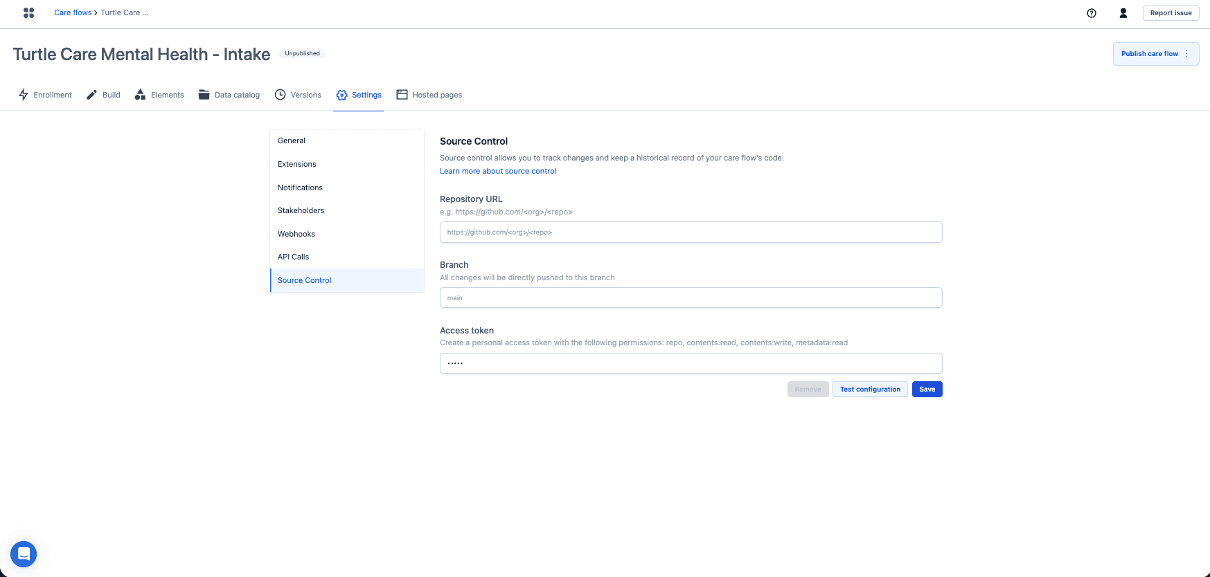 The Source Control settings on a care flow, with fields for repository URL, branch and access token