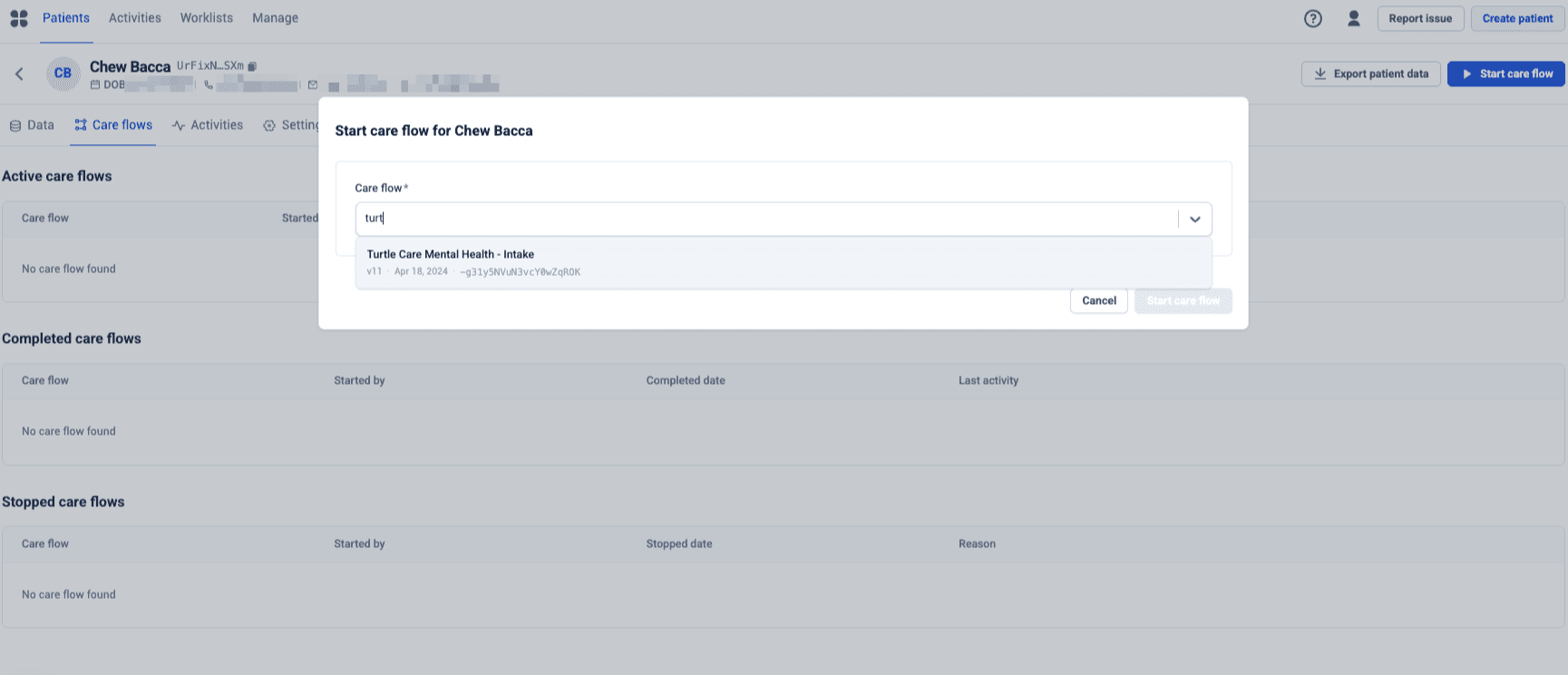 Starting a care flow for a patient, searching the published care flows by name