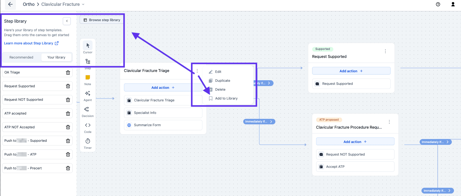 The step library open beside the canvas, with saved step templates and the Add to Library option on a step