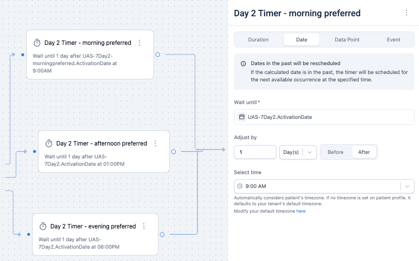 A Timer configured to wait until a date held in a data point, adjusted by a number of days and set to a time of day