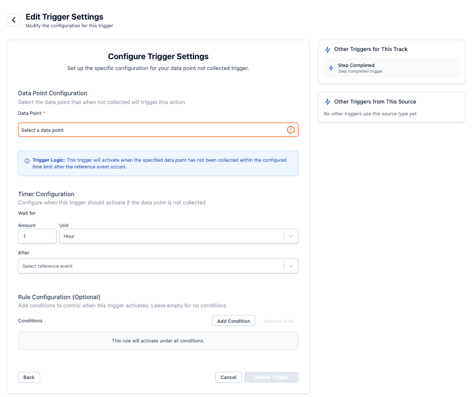 Configuring a data-point-not-collected trigger, with the wait time and the reference event