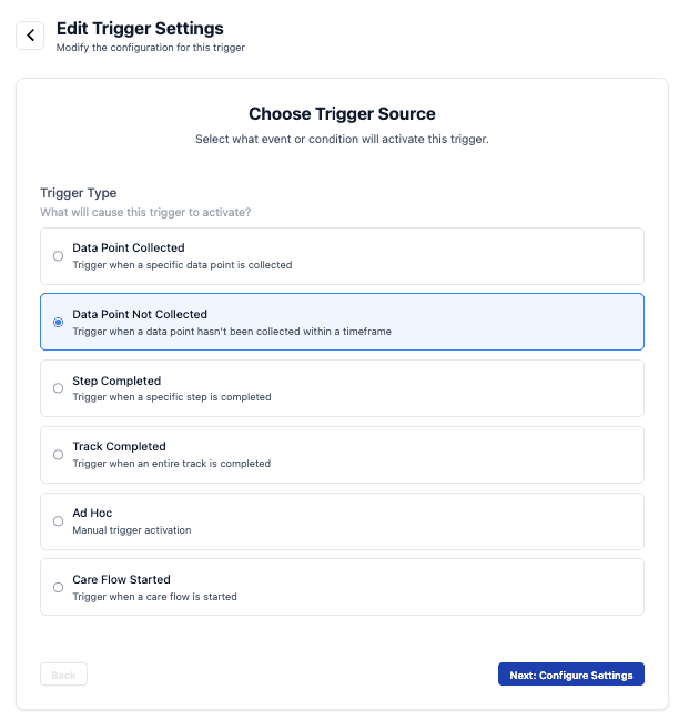 The six trigger types available when choosing what activates a track
