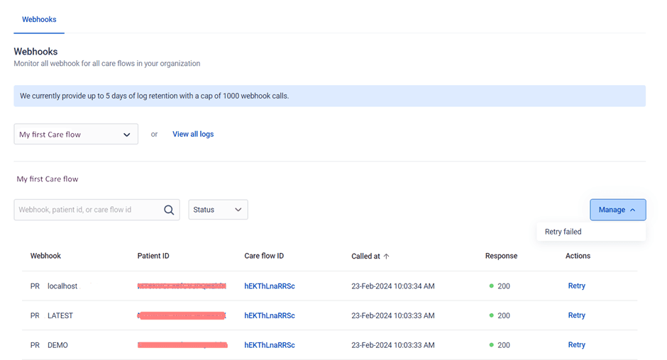 The webhook log, listing each call with its patient, care flow, time and response code, with a Retry action on every row
